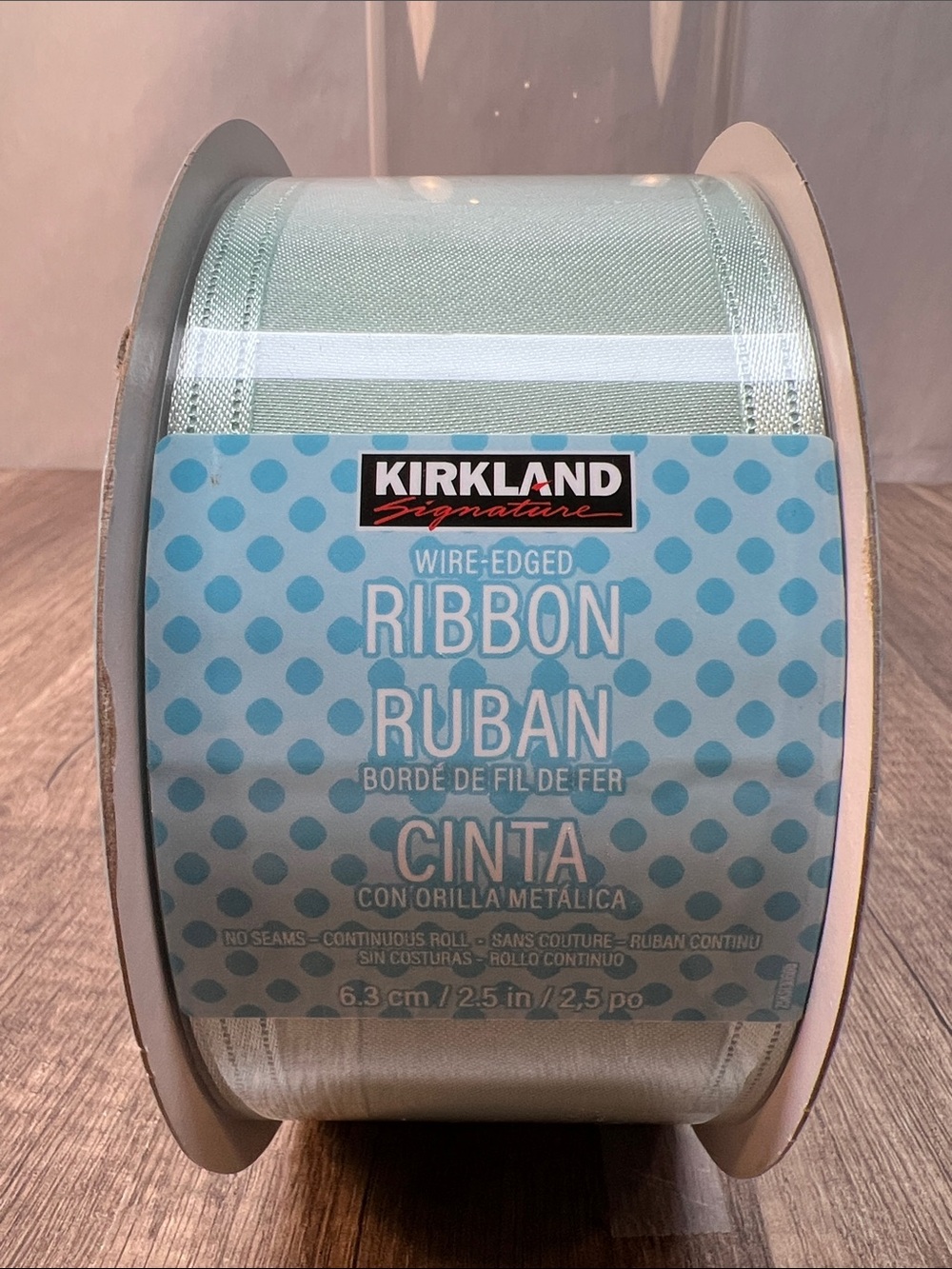 Kirkland Signature Satin Wire-Edged Ribbon in Mint Blue